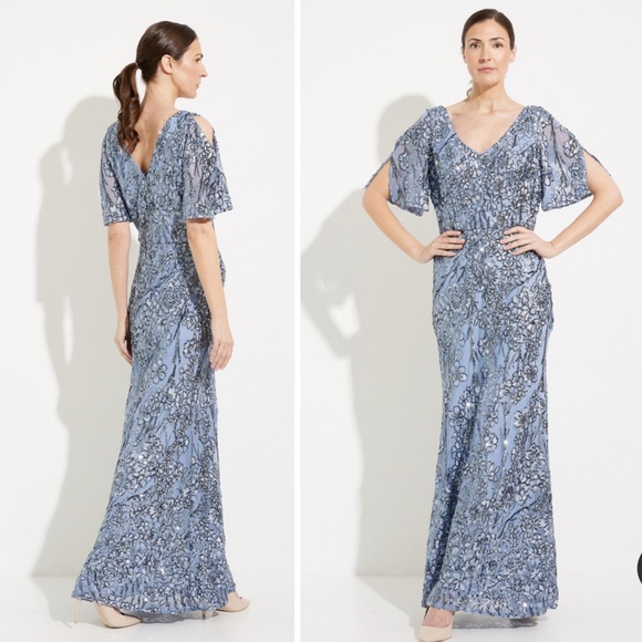 Alex Evenings Gown Long Sequin Dress Flutter Sleeves Silver Beaded Womens Size 8 Alex Evenings Gown Long Sequin Dress Flutter Sleeves Silver Beaded Womens Size 8